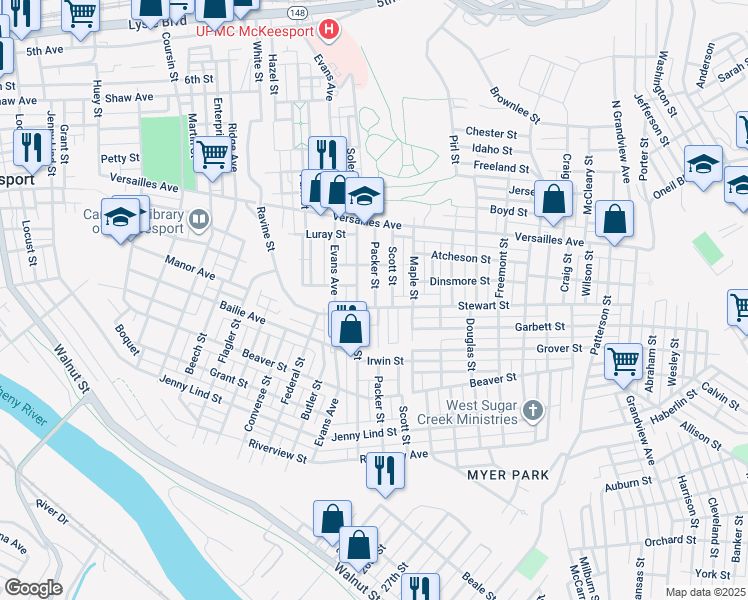 map of restaurants, bars, coffee shops, grocery stores, and more near 1507 Soles Street in McKeesport