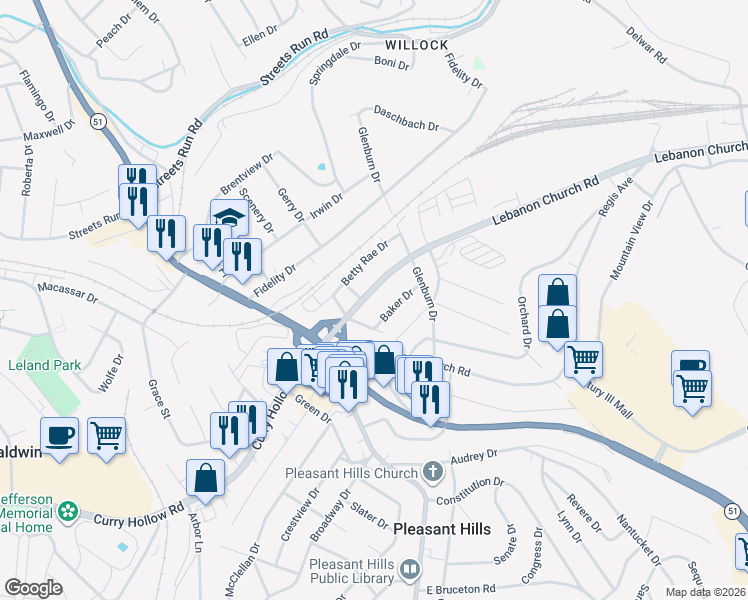 map of restaurants, bars, coffee shops, grocery stores, and more near 109 Baker Drive in Pleasant Hills
