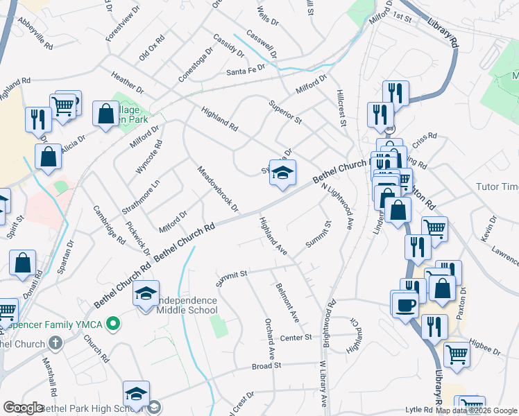 map of restaurants, bars, coffee shops, grocery stores, and more near 4920 Highland Avenue in Bethel Park