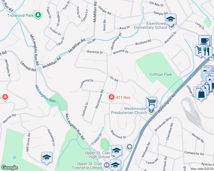 map of restaurants, bars, coffee shops, grocery stores, and more near 2009 Murdstone Road in Pittsburgh
