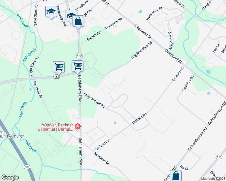 map of restaurants, bars, coffee shops, grocery stores, and more near 96 Willow Lane in Sellersville