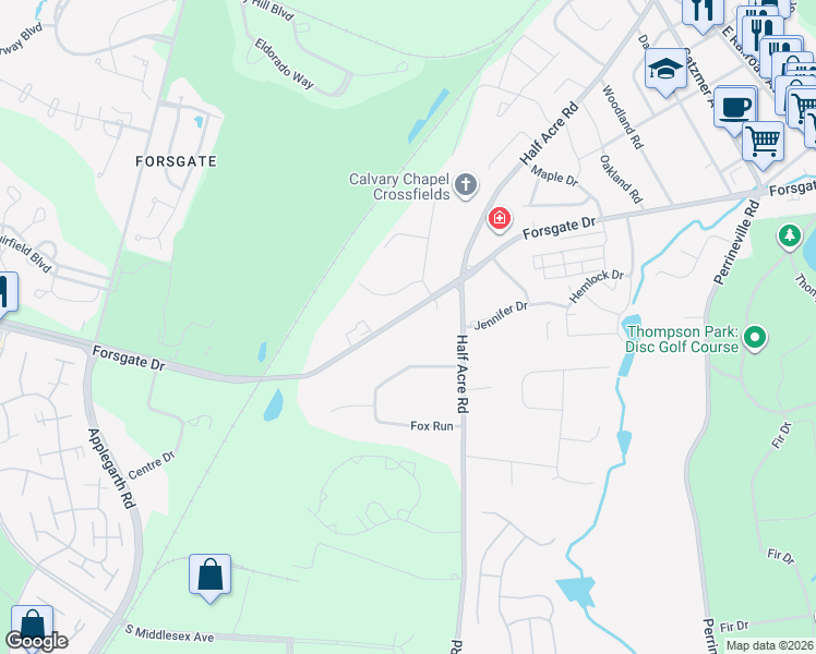 map of restaurants, bars, coffee shops, grocery stores, and more near 308 Forsgate Drive in Monroe Township