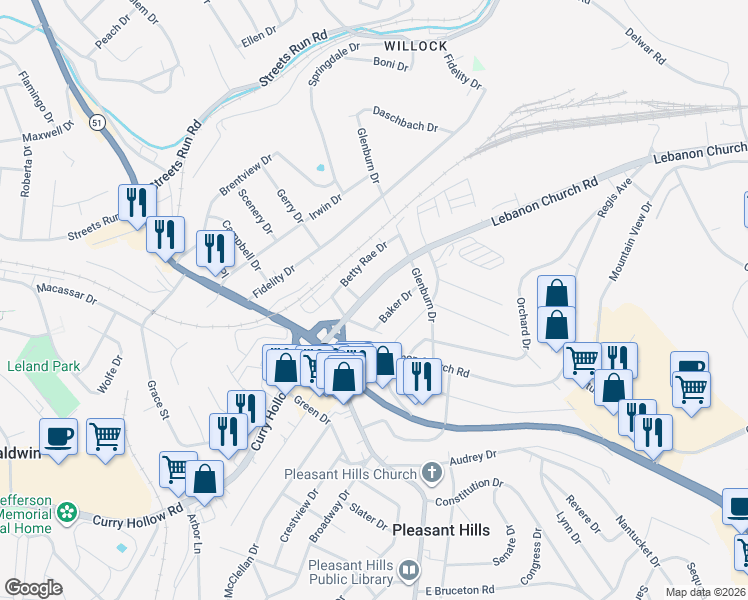 map of restaurants, bars, coffee shops, grocery stores, and more near 109 Baker Drive in Pleasant Hills