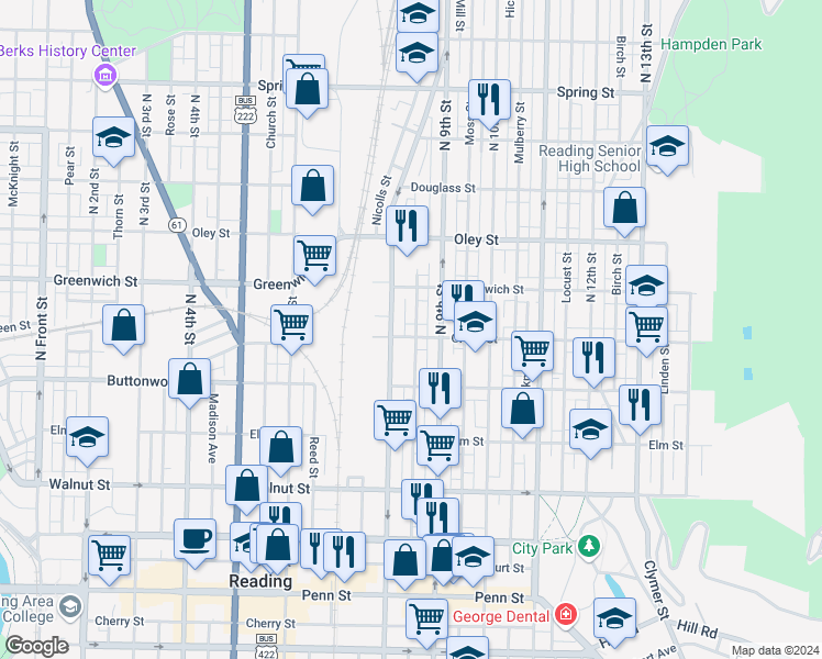 map of restaurants, bars, coffee shops, grocery stores, and more near 439 Ecks Court in Reading