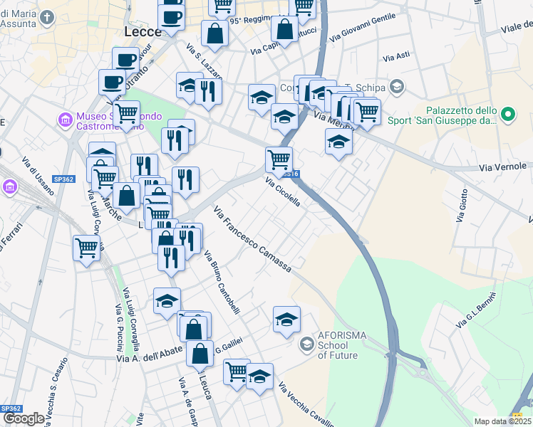 map of restaurants, bars, coffee shops, grocery stores, and more near 4 Via Paolo VI in Lecce