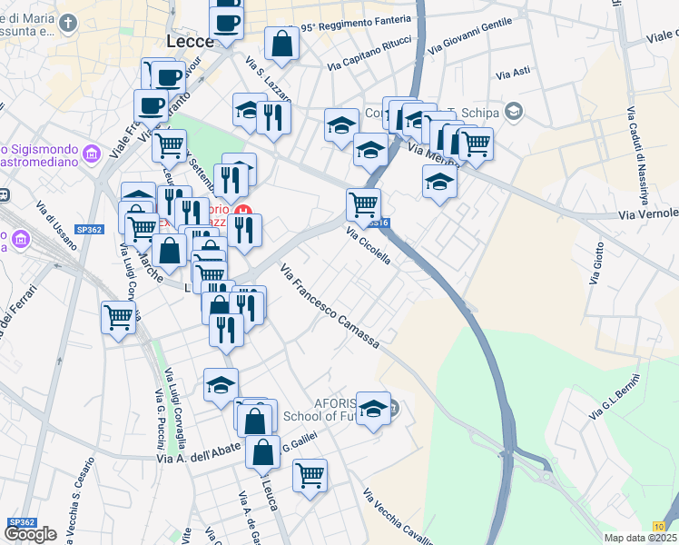 map of restaurants, bars, coffee shops, grocery stores, and more near 91 Via Personè Diego in Lecce