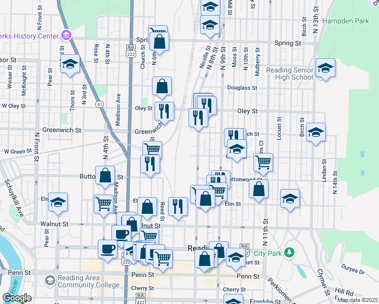 map of restaurants, bars, coffee shops, grocery stores, and more near 416R North 8th Street in Reading