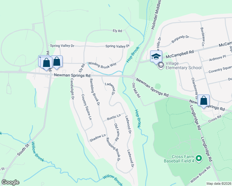 map of restaurants, bars, coffee shops, grocery stores, and more near 19 Ladwood Drive in Holmdel