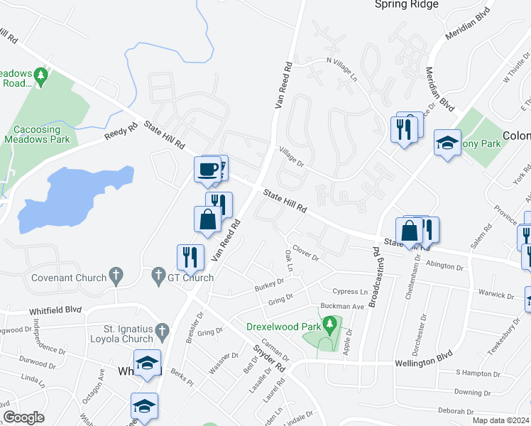 map of restaurants, bars, coffee shops, grocery stores, and more near 19 Kevin Court in Wyomissing