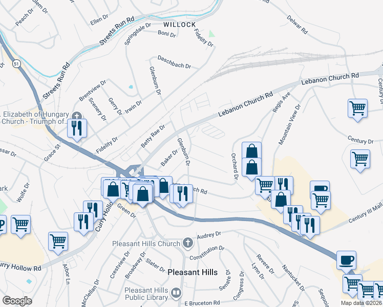 map of restaurants, bars, coffee shops, grocery stores, and more near 12 Melvin Drive in Pittsburgh