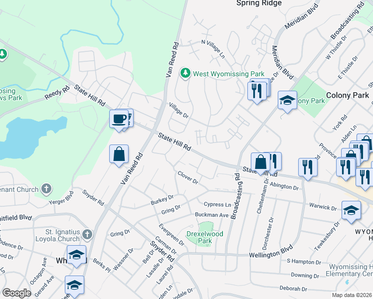 map of restaurants, bars, coffee shops, grocery stores, and more near 2015 Franklin Place in Reading
