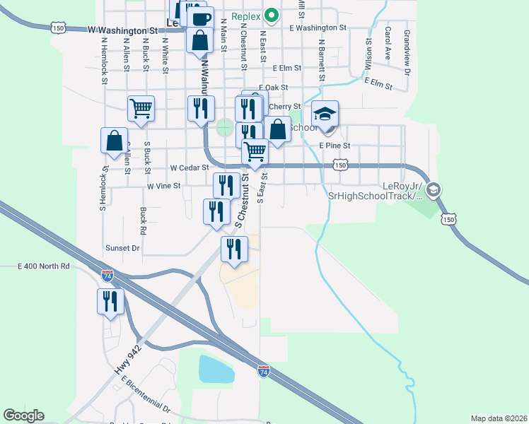 map of restaurants, bars, coffee shops, grocery stores, and more near 701 South East Street in Le Roy