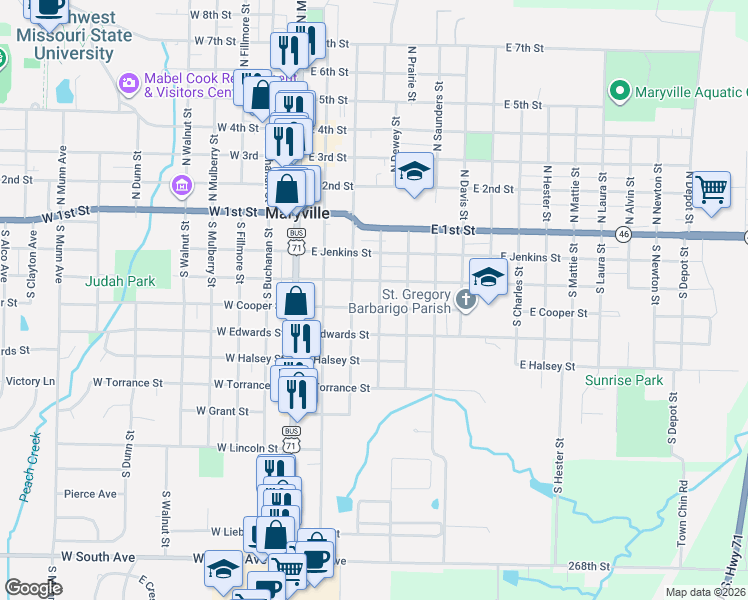 map of restaurants, bars, coffee shops, grocery stores, and more near 417 South Dewey Street in Maryville