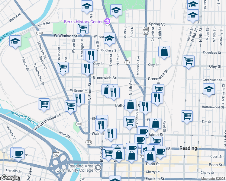 map of restaurants, bars, coffee shops, grocery stores, and more near 428 North 3rd Street in Reading