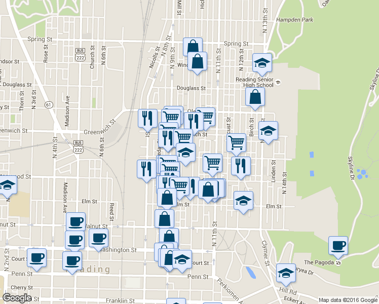 map of restaurants, bars, coffee shops, grocery stores, and more near 435 North 10th Street in Reading