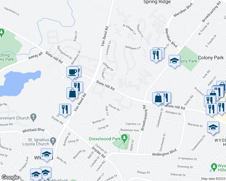 map of restaurants, bars, coffee shops, grocery stores, and more near 2912 State Hill Road in Wyomissing