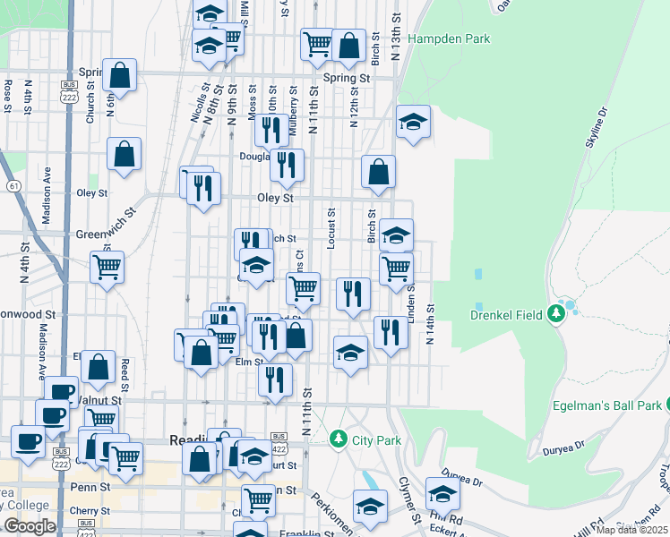 map of restaurants, bars, coffee shops, grocery stores, and more near 1130 Green Street in Reading