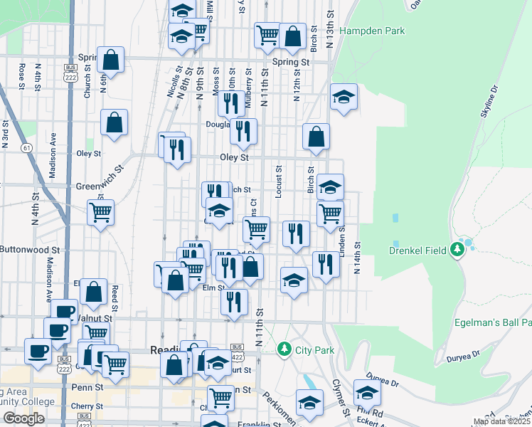 map of restaurants, bars, coffee shops, grocery stores, and more near 519 North 11th Street in Reading