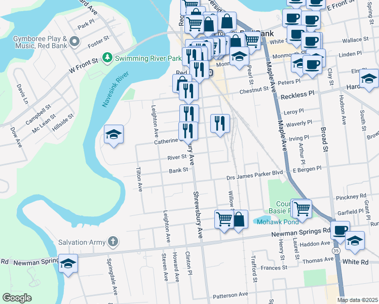 map of restaurants, bars, coffee shops, grocery stores, and more near 224 Shrewsbury Avenue in Red Bank