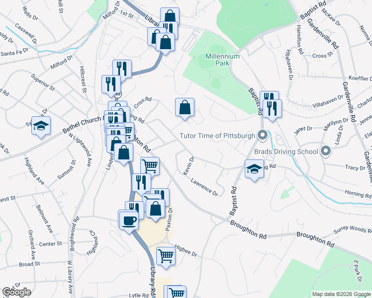 map of restaurants, bars, coffee shops, grocery stores, and more near 283 Horning Road in Bethel Park