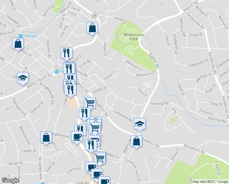 map of restaurants, bars, coffee shops, grocery stores, and more near 283 Horning Rd in Bethel Park