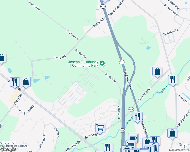 map of restaurants, bars, coffee shops, grocery stores, and more near 3986 Cephas Child Road in Doylestown