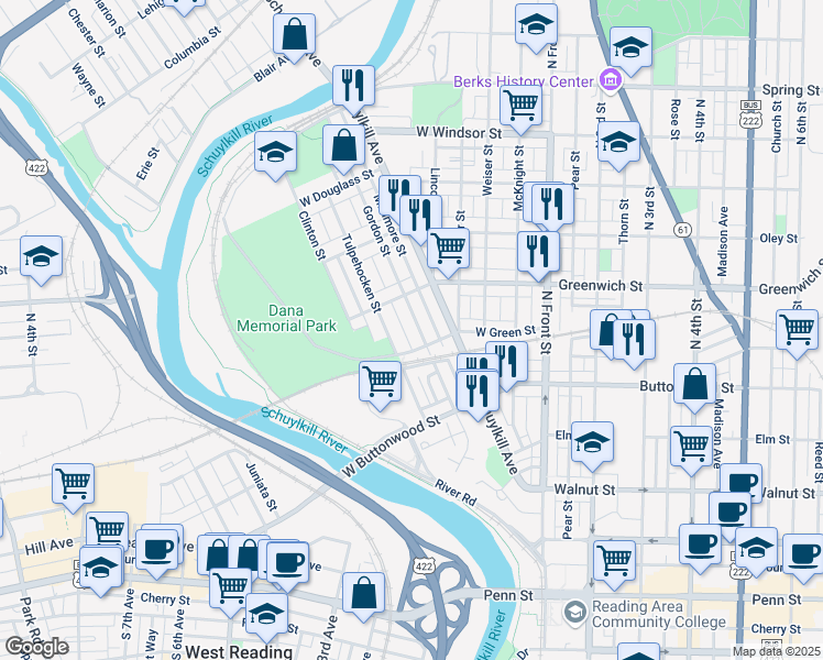 map of restaurants, bars, coffee shops, grocery stores, and more near 559 Gordon Street in Reading