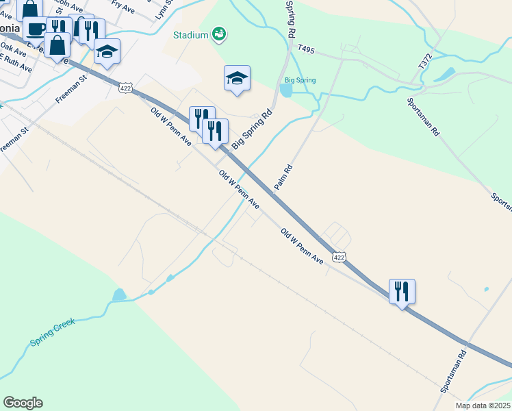 map of restaurants, bars, coffee shops, grocery stores, and more near 210 Old West Penn Avenue in Wernersville