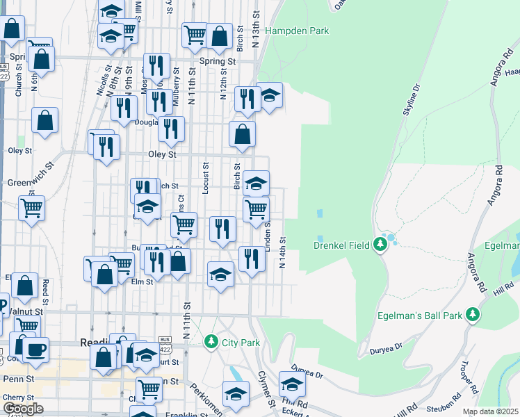map of restaurants, bars, coffee shops, grocery stores, and more near 501 North 13th Street in Reading