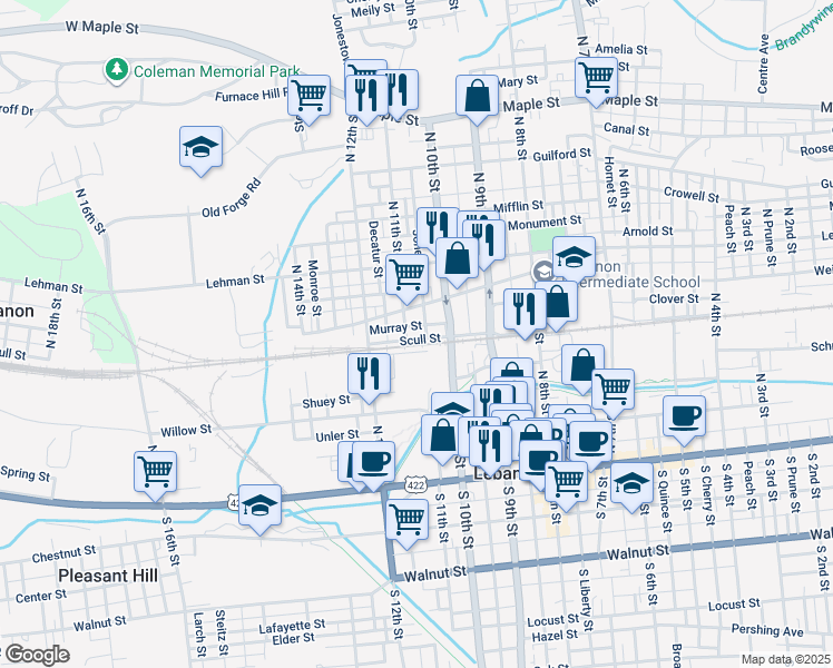 map of restaurants, bars, coffee shops, grocery stores, and more near 310 North 11th Street in Lebanon