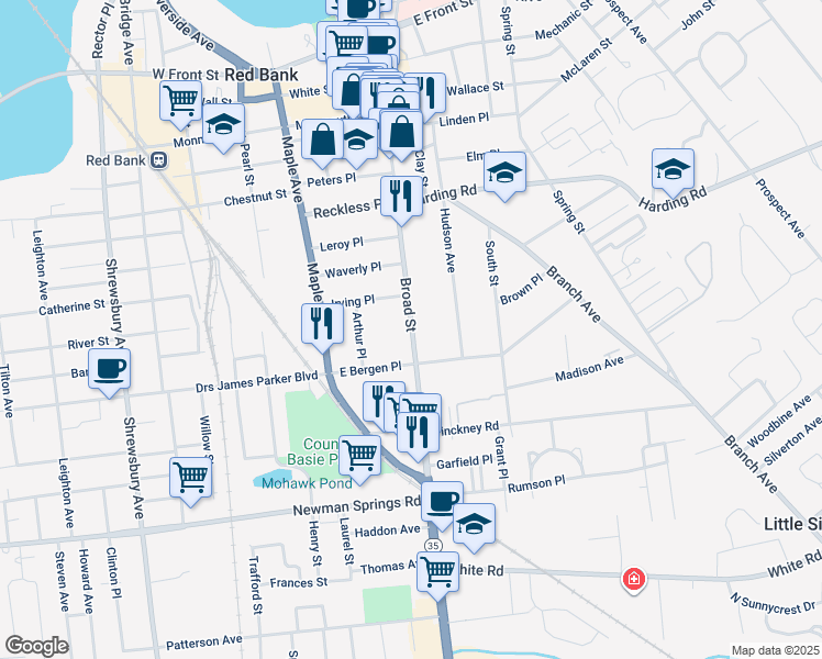 map of restaurants, bars, coffee shops, grocery stores, and more near 235 Broad Street in Red Bank