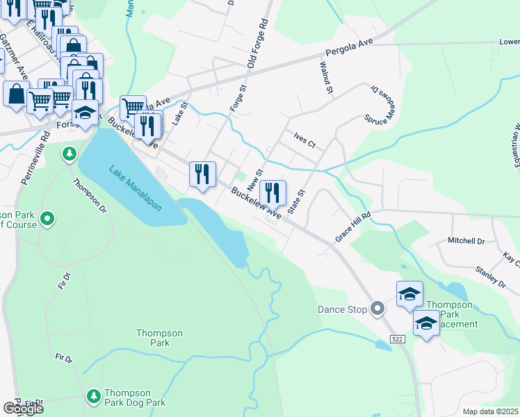 map of restaurants, bars, coffee shops, grocery stores, and more near 115 Buckelew Avenue in Jamesburg