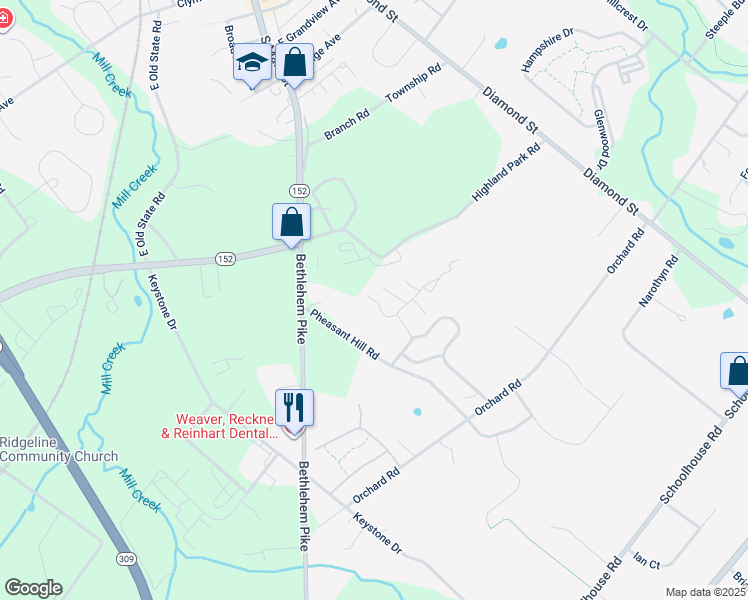 map of restaurants, bars, coffee shops, grocery stores, and more near 76 Waterford Lane in Sellersville