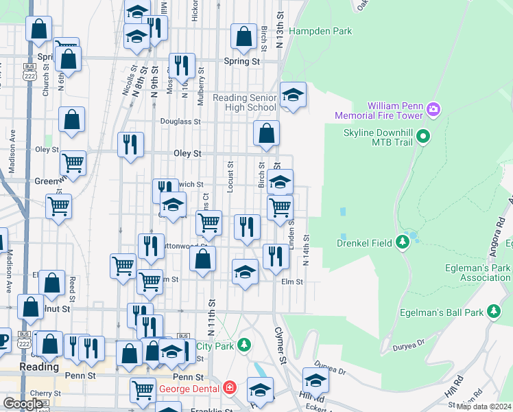 map of restaurants, bars, coffee shops, grocery stores, and more near 1218 East Greenwich Street in Reading