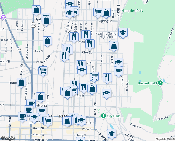 map of restaurants, bars, coffee shops, grocery stores, and more near 542 North 10th Street in Reading