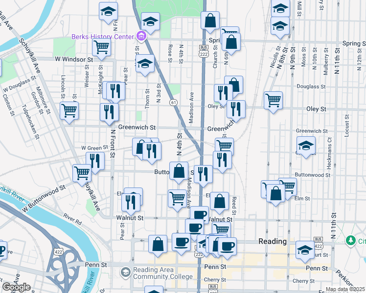 map of restaurants, bars, coffee shops, grocery stores, and more near 532 North 4th Street in Reading