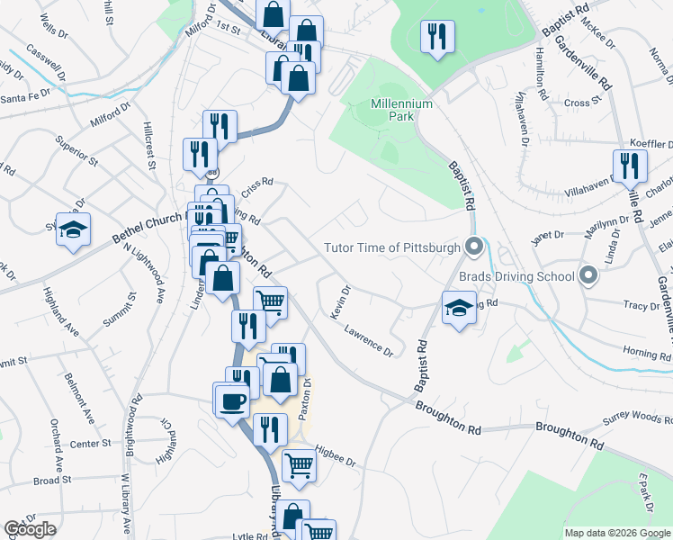 map of restaurants, bars, coffee shops, grocery stores, and more near 283 Horning Road in Bethel Park