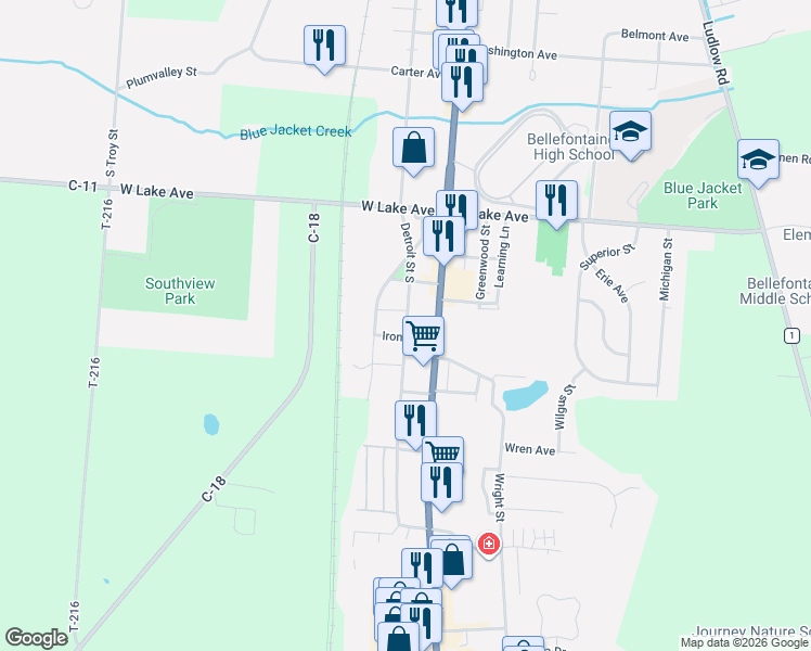 map of restaurants, bars, coffee shops, grocery stores, and more near 1188-1250 S Detroit St in Bellefontaine