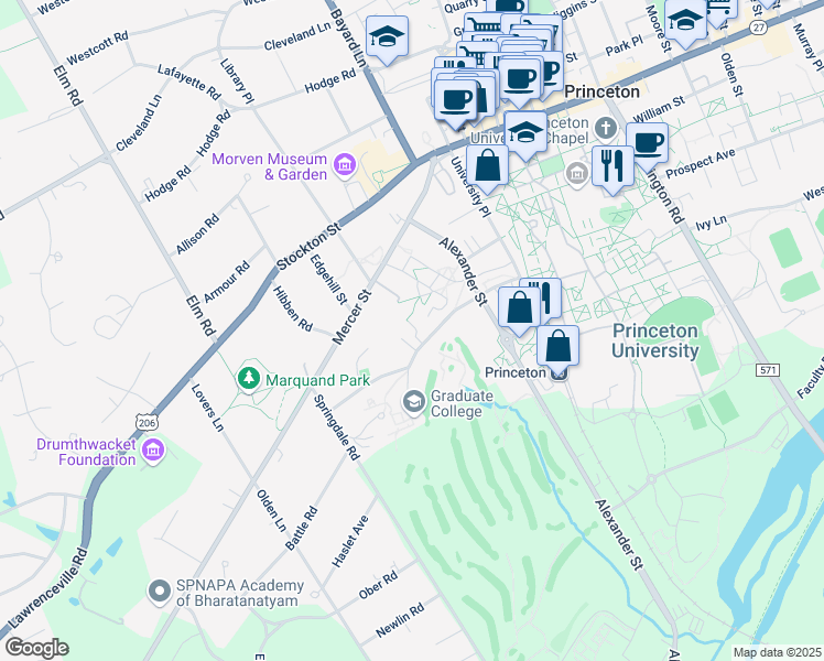 map of restaurants, bars, coffee shops, grocery stores, and more near 64 Mercer Street in Princeton