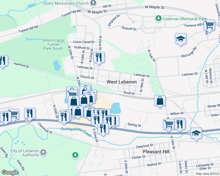map of restaurants, bars, coffee shops, grocery stores, and more near 2105 Church Street in Lebanon