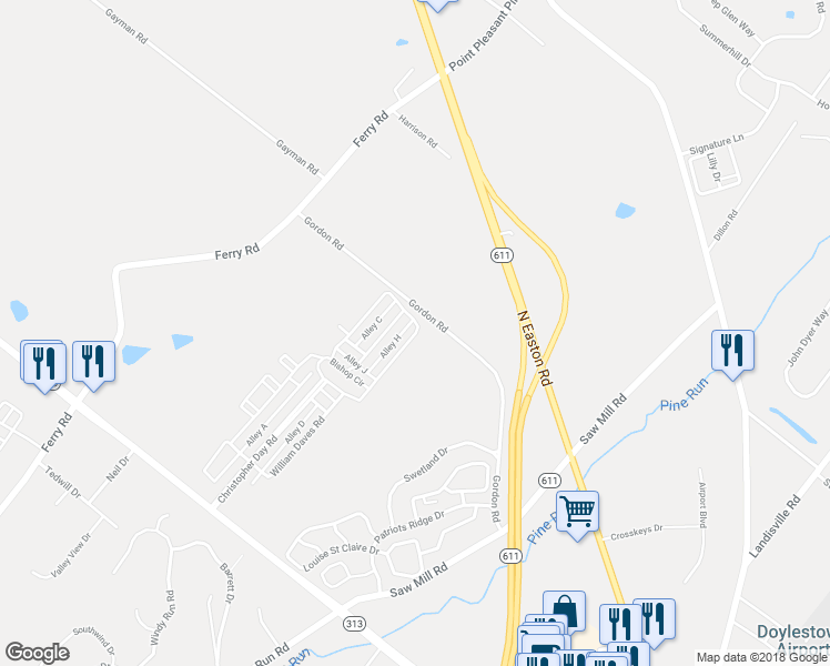 map of restaurants, bars, coffee shops, grocery stores, and more near 3890 Cephas Child Road in Doylestown