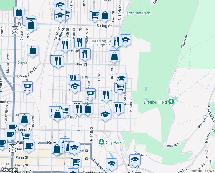map of restaurants, bars, coffee shops, grocery stores, and more near 1218 East Greenwich Street in Reading
