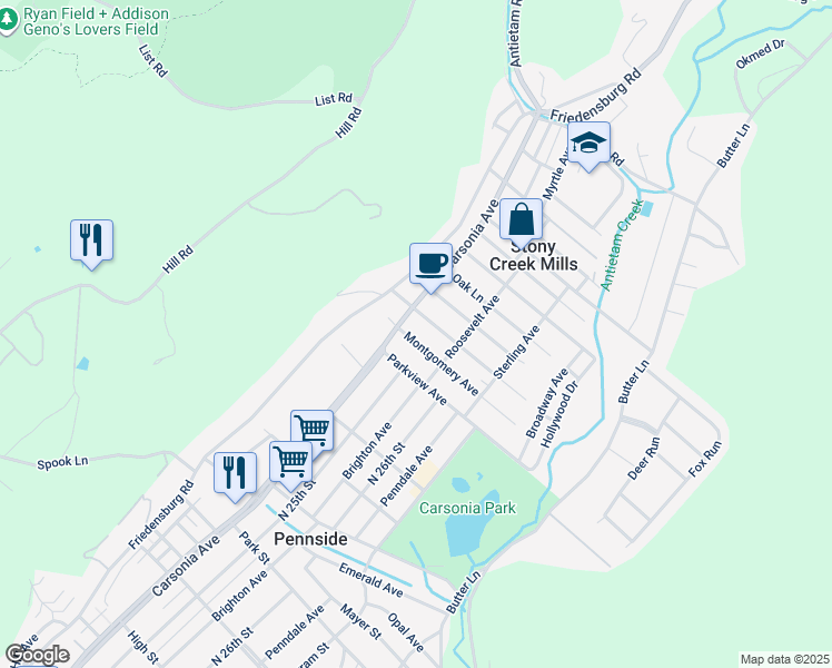 map of restaurants, bars, coffee shops, grocery stores, and more near 1050 Carsonia Avenue in Reading