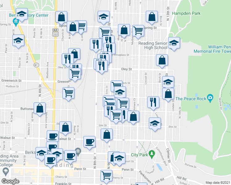 map of restaurants, bars, coffee shops, grocery stores, and more near 516 Moss Street in Reading