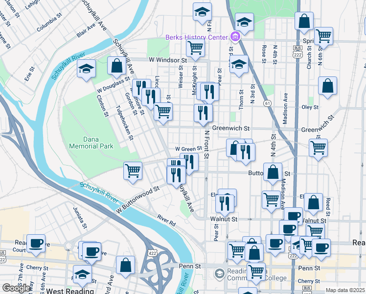 map of restaurants, bars, coffee shops, grocery stores, and more near 171 West Green Street in Reading