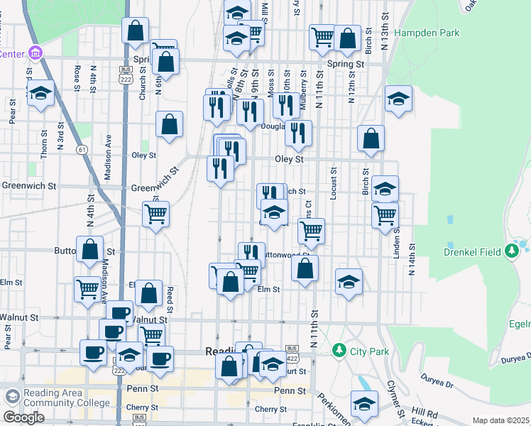 map of restaurants, bars, coffee shops, grocery stores, and more near 516 Moss Street in Reading