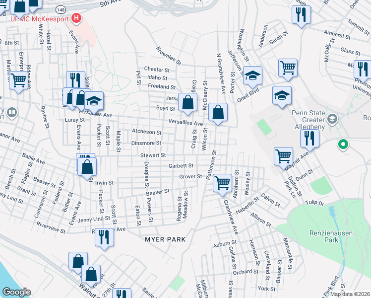 map of restaurants, bars, coffee shops, grocery stores, and more near 1306 Meadow Street in McKeesport
