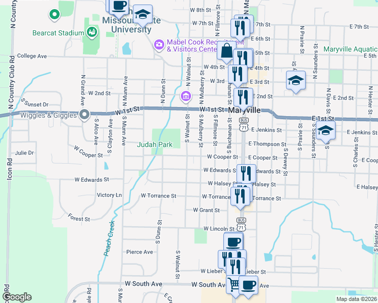 map of restaurants, bars, coffee shops, grocery stores, and more near 222-298 South Walnut Street in Maryville