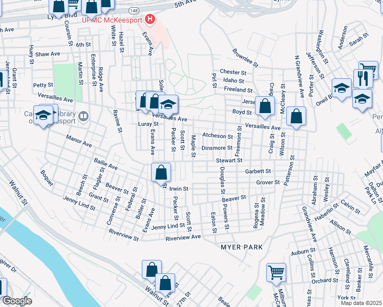map of restaurants, bars, coffee shops, grocery stores, and more near 1404 Maple Street in McKeesport