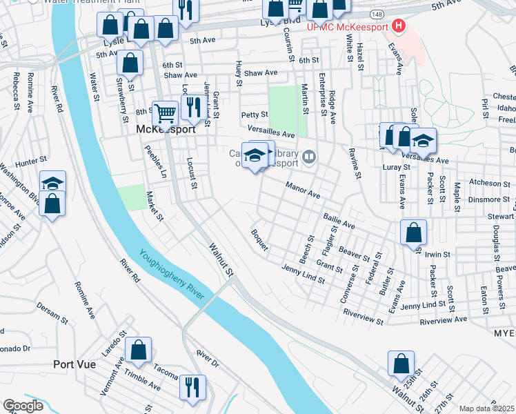 map of restaurants, bars, coffee shops, grocery stores, and more near 1712 Cornell Street in McKeesport